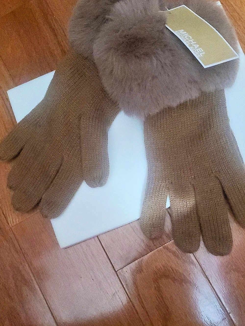 Michael Kors Faux Fur-Trim Knit Gloves Brown